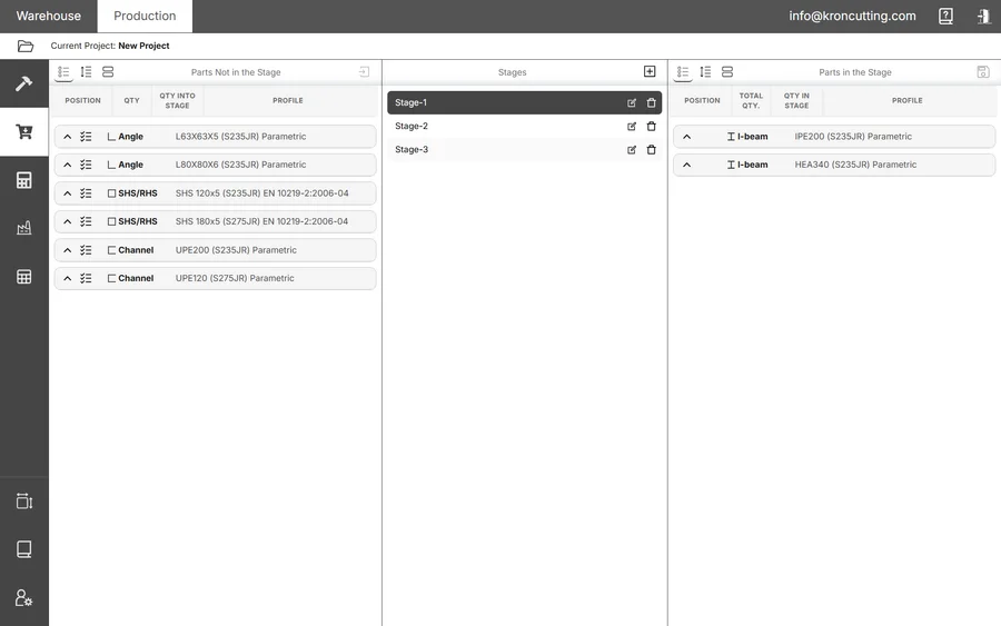 Three-column screen with parts not in a stage, the list of stages, and parts assigned to the selected stage