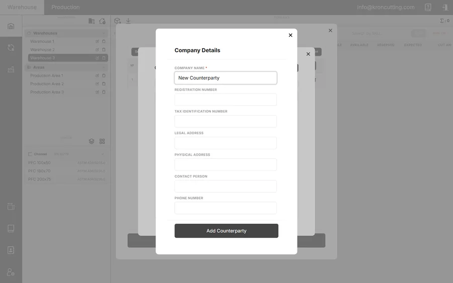 Company details form with name, registration number, tax identification number, addresses and contact person