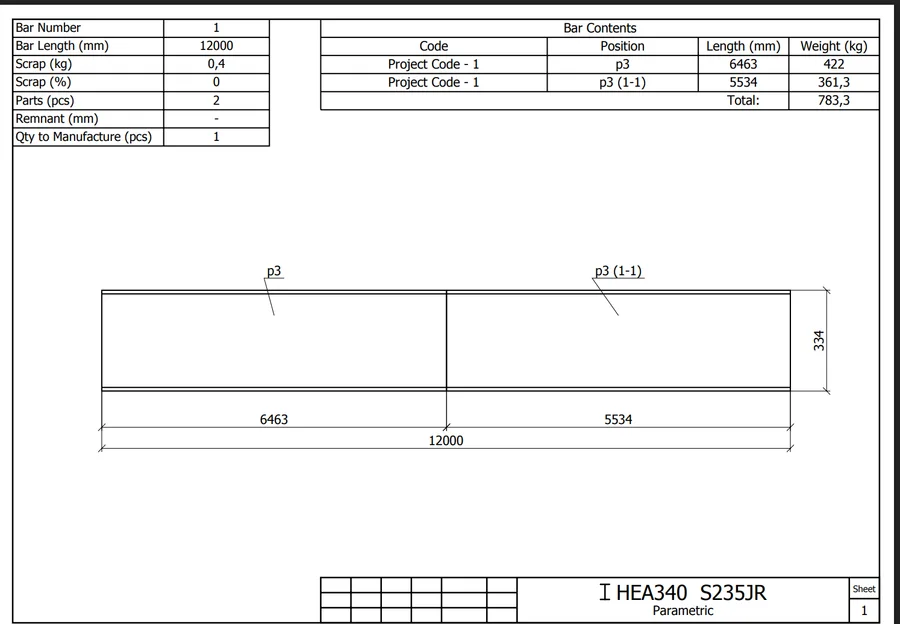 Generated PDF cutting drawing for an HEA340 bar with a bar-contents table and dimensioned part layout