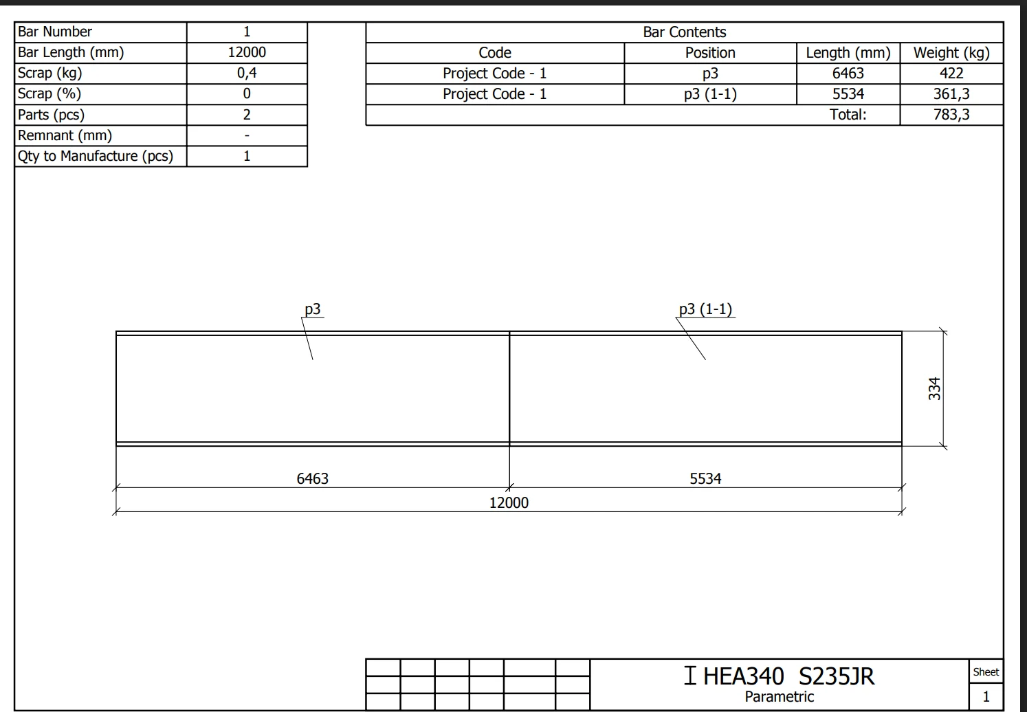 Generated PDF cutting drawing for an HEA340 bar with a bar-contents table and dimensioned part layout
