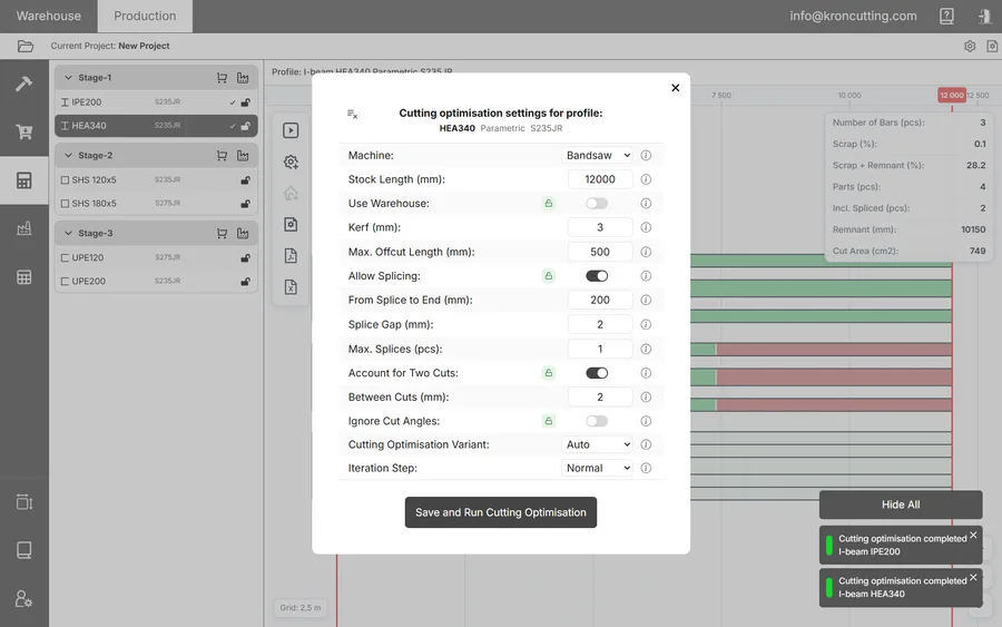 Cutting optimisation settings dialog scoped to a single profile, HEA340 Parametric S235JR