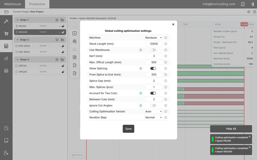 Global cutting optimisation settings dialog listing machine, stock length, kerf, max offcut length, splicing and iteration options