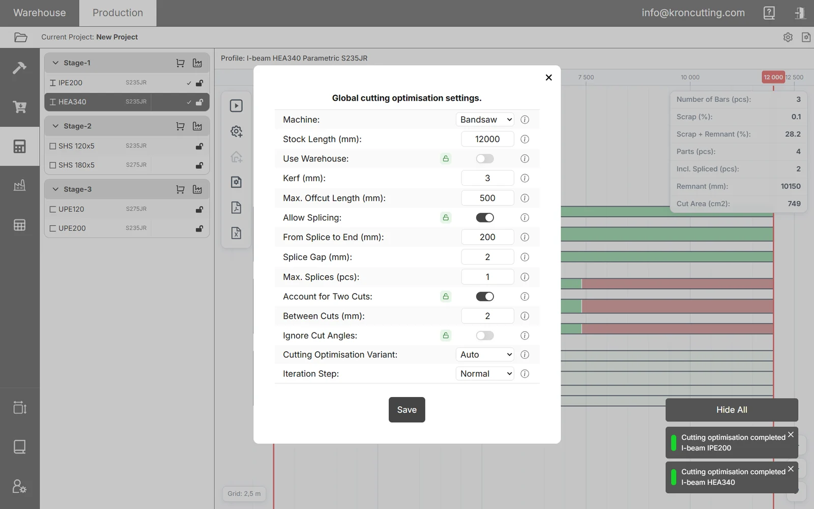 Global cutting optimisation settings dialog listing machine, stock bar length, kerf, max offcut length, splicing and iteration options