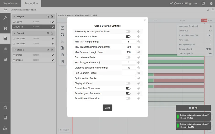 Global drawing settings dialog with toggles for table display, merged rows, dimensions and prefixes