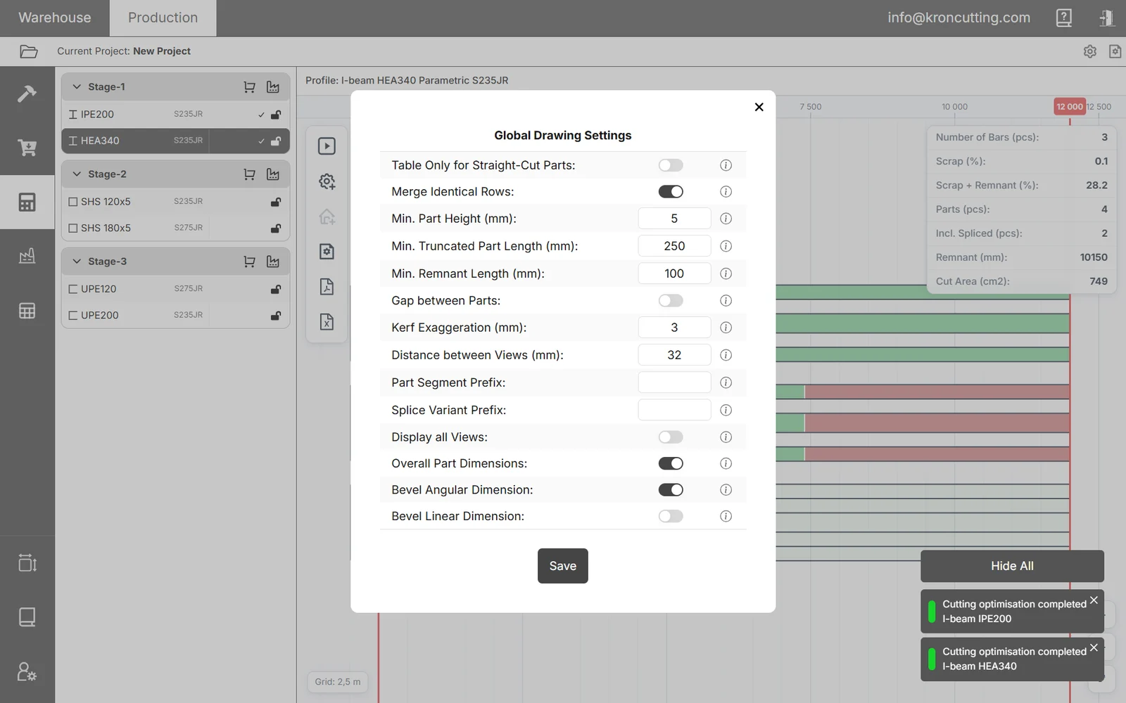 Global drawing settings dialog with toggles for table display, merged rows, dimensions and prefixes