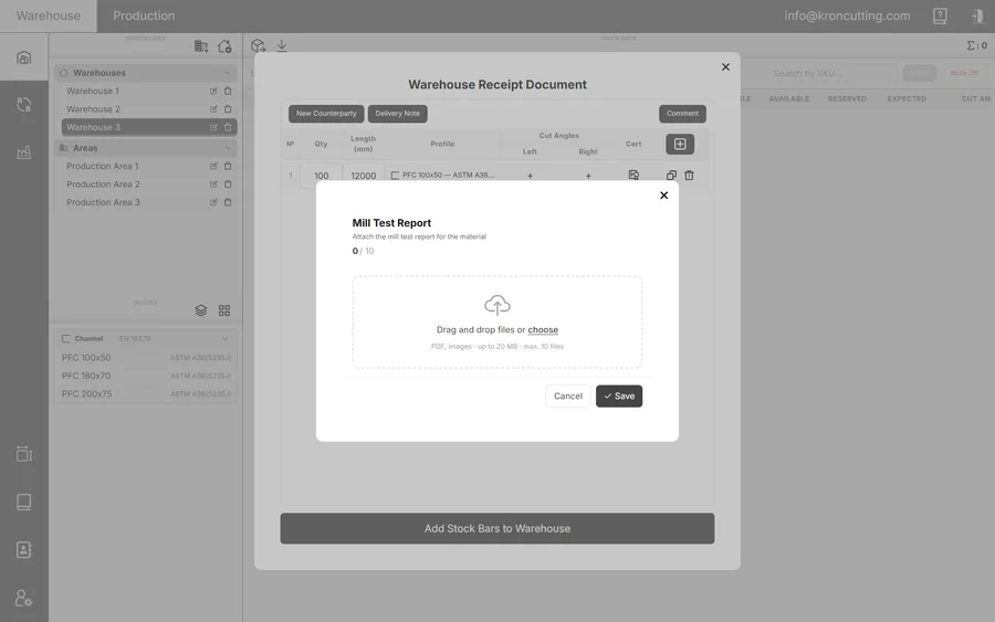 Mill test report upload dialog accepting PDF and image files