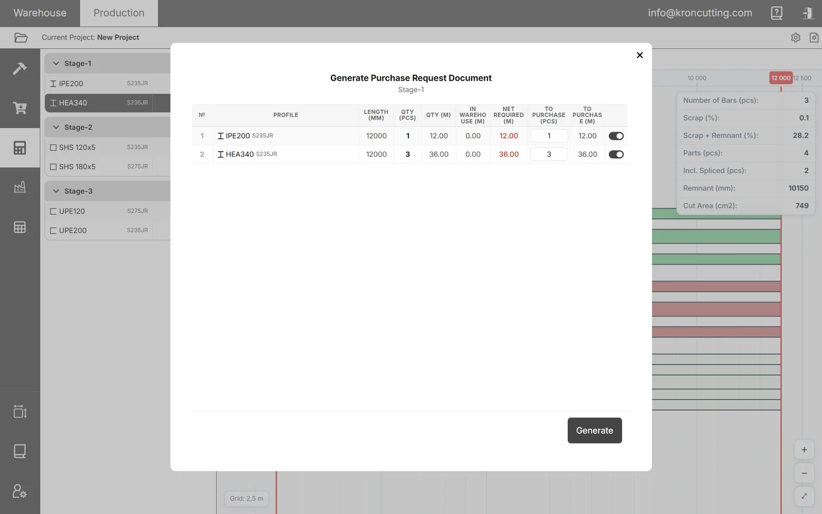 Generate purchase request dialog listing profiles with quantity required, quantity in warehouse and quantity to purchase
